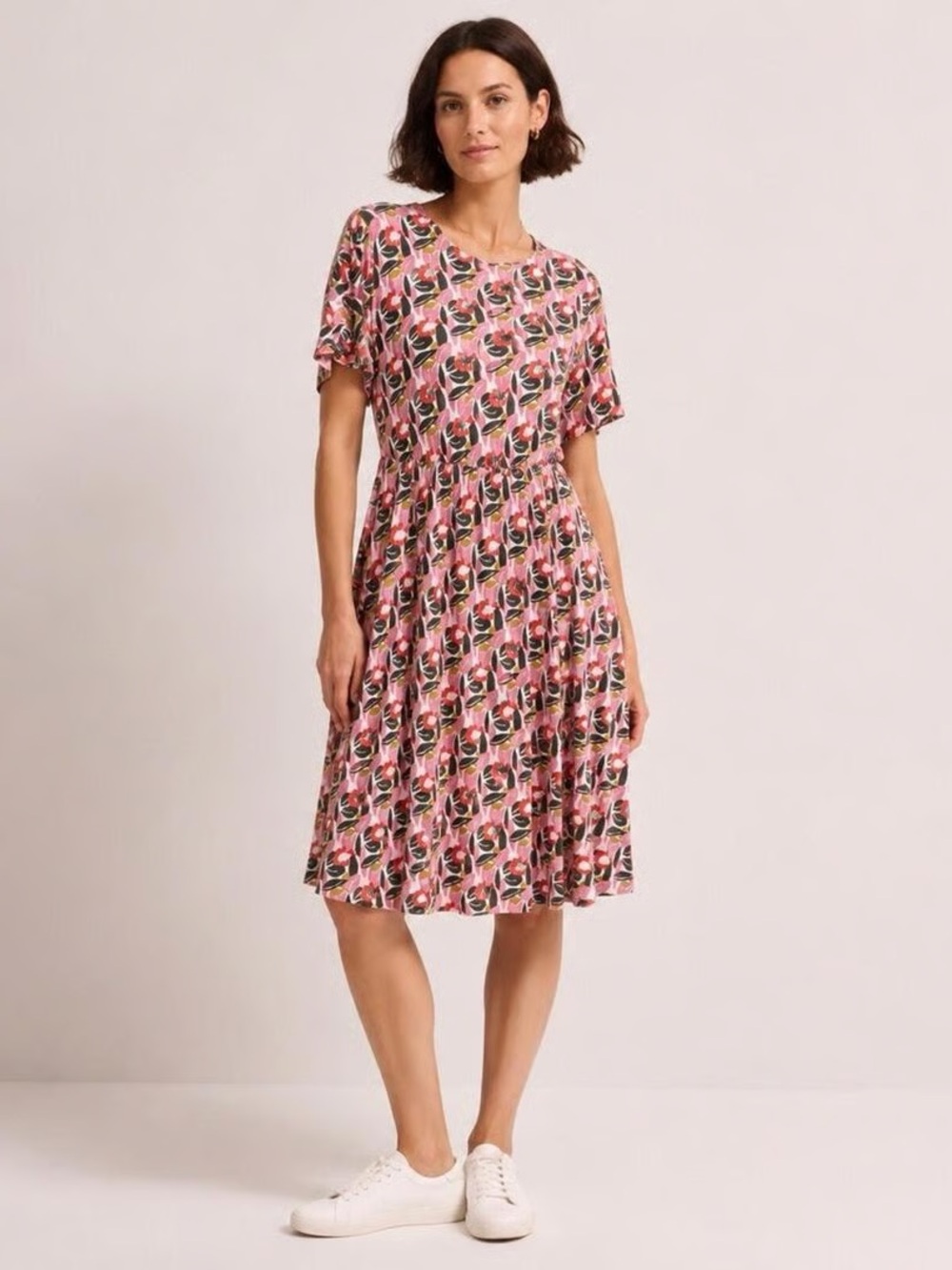 BODEN Size 10 Stretch Jersey Knit Pink Floral Flutter Sleeve Dress Knee Length